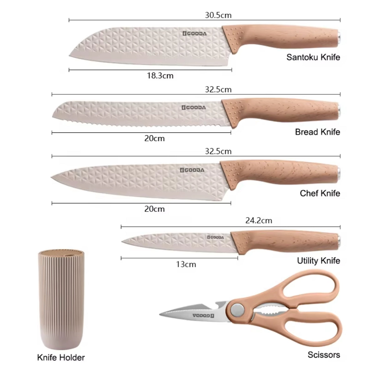 GOODA DC11E Messenset Met Blok - Luxe 6-Delige Messenset - Broodmes - Koksmes - Santoku mes - Groentemes en Schaar met Bieropener - Messenblok - Anti-aanbak - RVS / Bruin